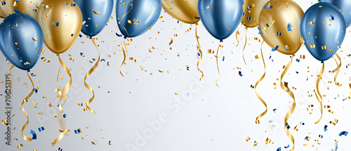 Birthday party holiday background with golden and blue metallic balloons, confetti and ribbons. Wide screen. Copy space.