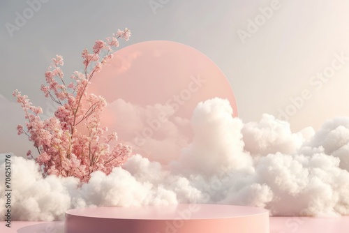 Minimal 3d podium product display beautiful background with high clouds.