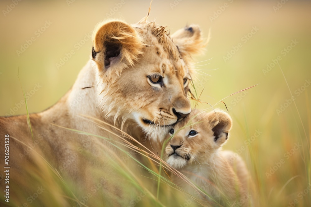 Fototapeta premium lioness grooming her cub in grassland