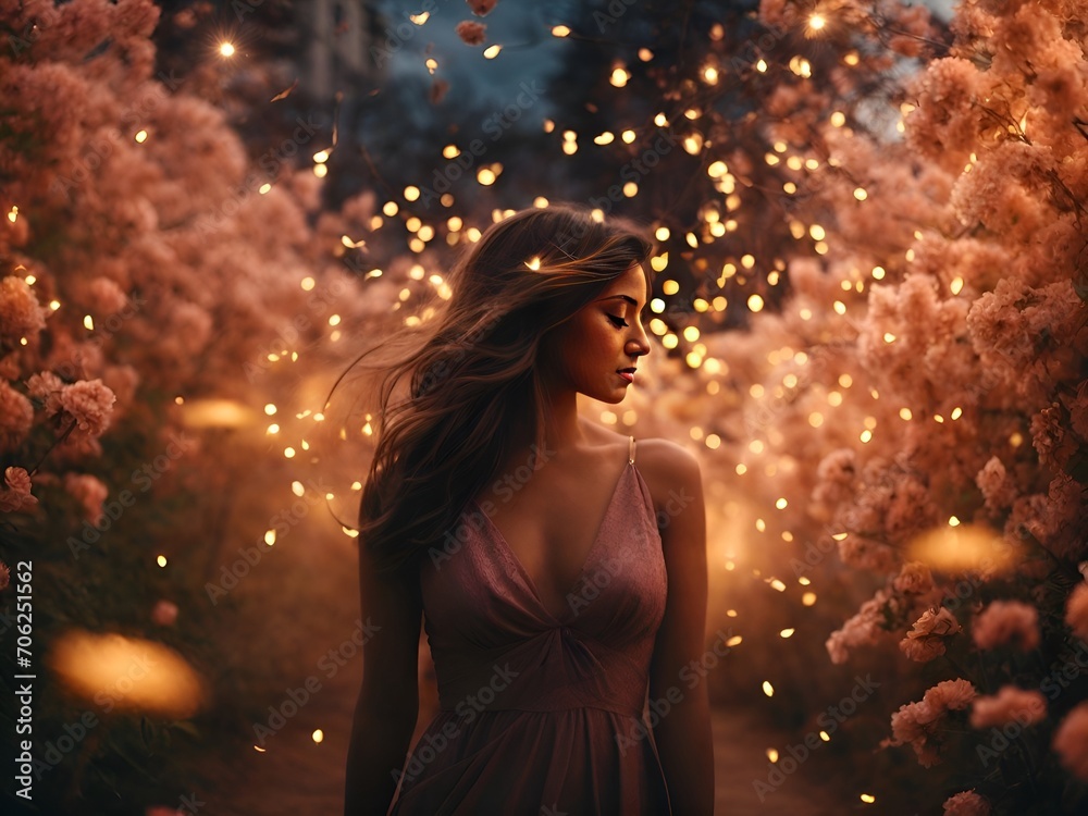 Discover tranquility in 'Serenity in Bloom' – a captivating stock photo of a girl amid sparkling lights and blooming flowers. Perfect for dreamy introspection, this magical composition evokes wonder.