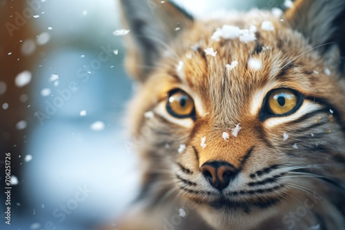 close-up of lynx eyes amidst snowflakes © primopiano