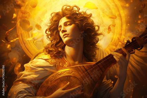 
Illustration of Apollo, god of the sun and music, playing a golden lyre with the sun shining brightly behind him photo