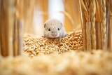 mouse in granary surrounded by wheat seeds
