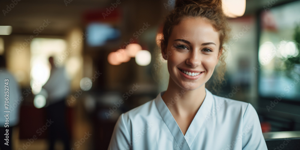 Portrait, female and nurse in a hospital or clinic for healthcare, intern or medical service. Confident, smile and friendly woman wearing scrubs for assistance, care or professional occupation - obrazy, fototapety, plakaty 