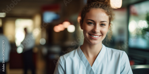 Portrait, female and nurse in a hospital or clinic for healthcare, intern or medical service. Confident, smile and friendly woman wearing scrubs for assistance, care or professional occupation photo