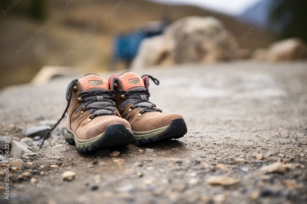 Fototapeta premium lone hiking boot on a rocky mountain path