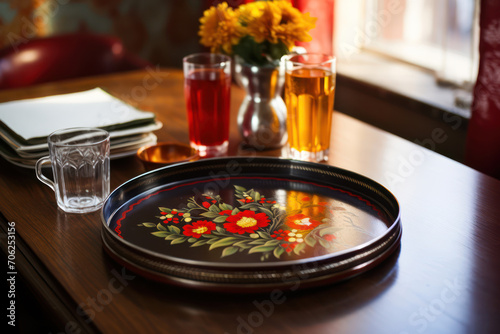 Classic Soviet Zhostovo painted tray, displayed against a blurred background of a traditional Soviet dining area photo