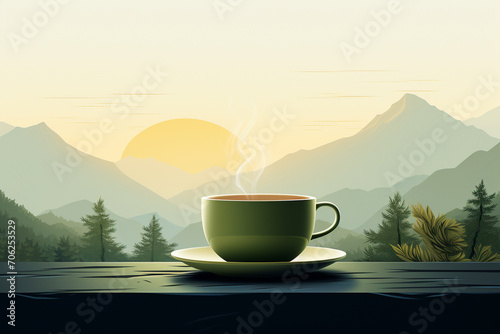 A sleek and modern illustration showcasing a minimalist green tea cup, with a delicate steam rising, against a serene background, encapsulating the calming and pure nature of tea.