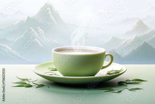 A sleek and modern illustration showcasing a minimalist green tea cup, with a delicate steam rising, against a serene background, encapsulating the calming.