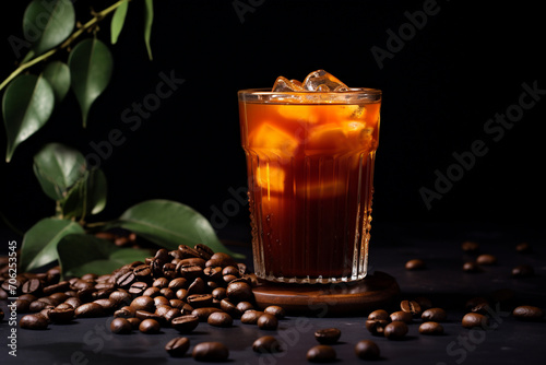 An elegantly crafted composition highlighting a minimalist cold brew coffee glass, surrounded by coffee beans, in a cohesive color scheme, creating a visually pleasing.