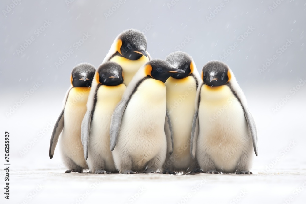 Obraz premium a group of emperor penguins huddled during a snowstorm