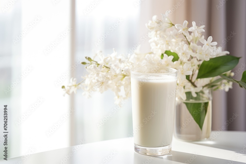 A glass glass with milk stands on a marble table with a bouquet of flowers A glass glass with milk stands on a marble table with a bouquet of flowers