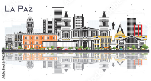 La Paz Bolivia City Skyline with Color Buildings and reflections Isolated on White. Business Travel and Tourism Concept with Historic Architecture. La Paz Cityscape with Landmarks.