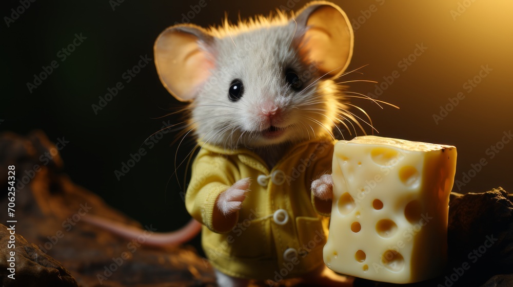 a mouse with a piece of cheese in his hand - obrazy, fototapety, plakaty 