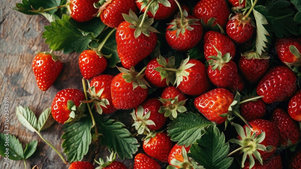 Fresh strawberries on twigs are lying on the table Fresh strawberries on twigs are lying on the table
