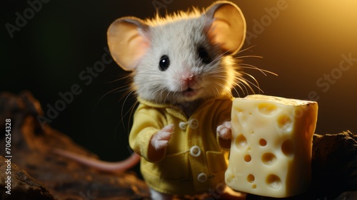 a mouse with a piece of cheese in his hand photo