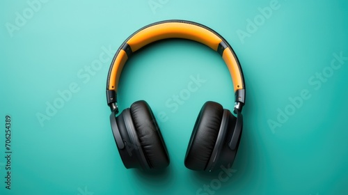 Black wired headphones lie on a blue background