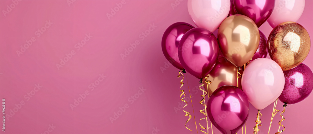 Pink and golden balloons. Festive pink background with copy space.