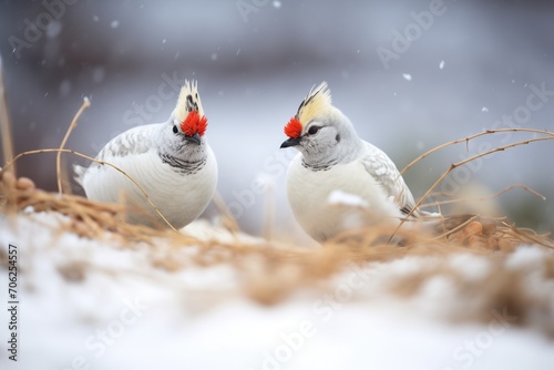 snow dusted ptarmigan pecking at seeds photo
