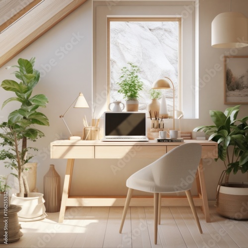 Home office interior. Workplace in light Scandinavian © jureephorn