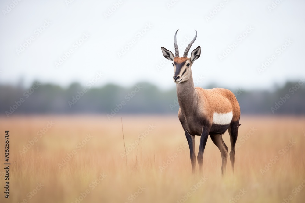 lone roan antelope standing alert on savannah - obrazy, fototapety, plakaty 