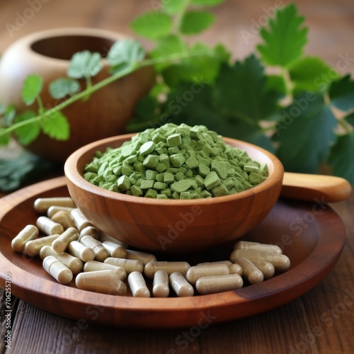 Wooden bowl of moringa powder and capsules on the table. Superfood, dietary supplemen