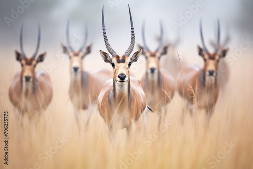 roan antelope herd moving through misty grassland
