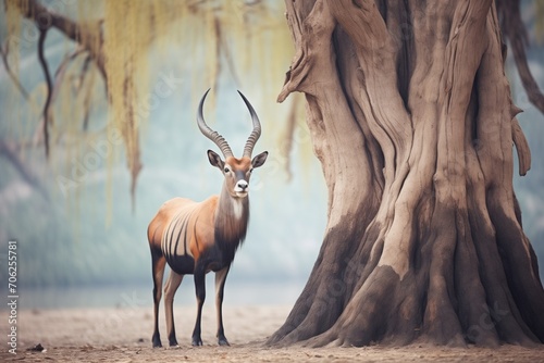solitary roan antelope standing under acacia tree