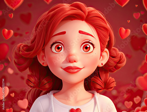 cartoon girl with red hair against a background with hearts