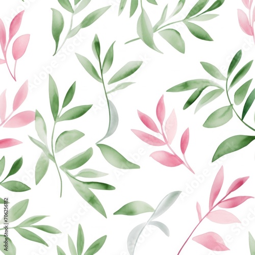 A pattern of pink and green leaves on a white background