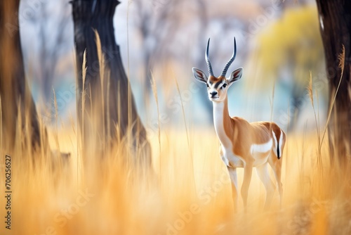 lone springbok standing alert among acacia trees