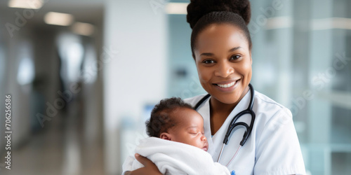Portrait, Paediatrician and doctor holding a newborn baby in a clinic for exam, growth development and health. Happy, smile and caring medical professional in a hospital for infant care and patient photo