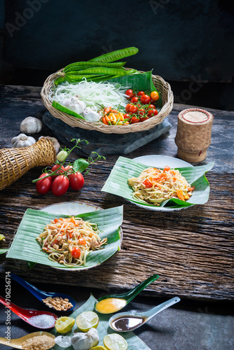 Som Tam Thai -Ingredients Papaya Salad Thai Food Style  Thai Salad   Somtum  cuisine  Background  Lao  Southeast Asia  somtam  green papaya  sweet  salty  tangy  and spicy Thai Food Concept.
