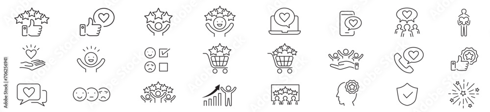 Satisfaction, Positive Feedback, Customer satisfaction, Fulfillment, Recommend, Happiness, Star, Satisfied, Gratification editable stroke line icon set collection Vector.