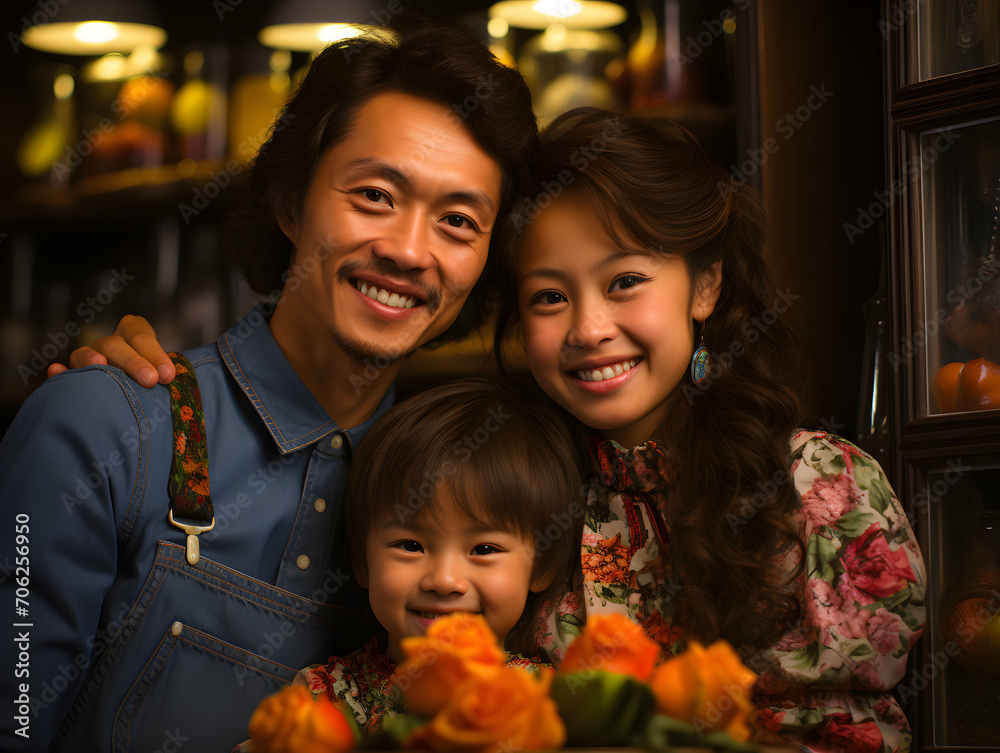 Portrait of a Small Happy Asian Family in Retro Fashion Style