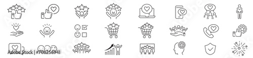 Satisfaction, Positive Feedback, Customer satisfaction, Fulfillment, Recommend, Happiness, Star, Satisfied, Gratification editable stroke line icon set collection Vector.