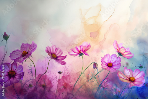 Cute watercolor of yellow cosmos flowers with copy space background.