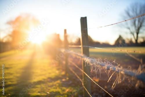 sun flare above a line of farm fence