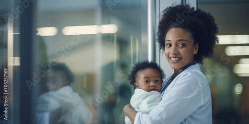 Portrait, Paediatrician and doctor holding a newborn baby in a clinic for exam, growth development and health. Happy, smile and caring medical professional in a hospital for infant care and patient photo