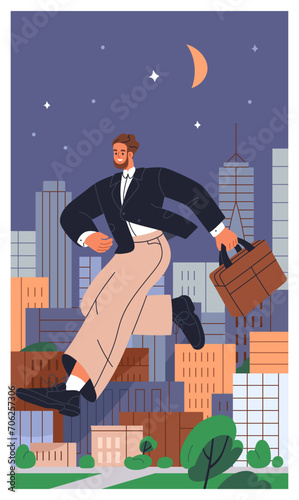 Happy employee, business man flying over night city. Excited office worker, b...