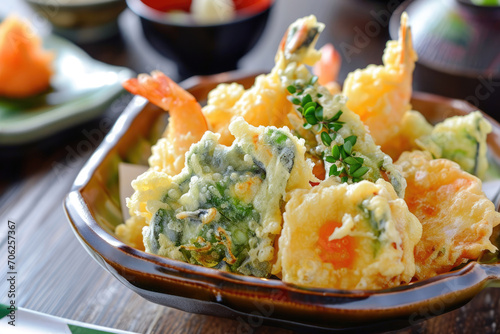 A golden Japanese tempura, featuring an assortment of local vegetables and seafood