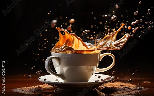 Aromatic coffee splashing in a Cappuccino cup on black background Modern elegant composition. AI Generative.