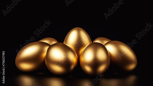 group of golden eggs on a black background