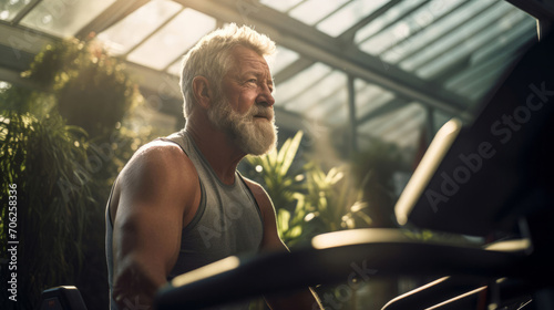 Senior man, gym and cardio with fitness, treadmill and training in gym for strength and sports. Thinking, vision and ideas for health, wellness and confidence with diet, exercise and weight loss