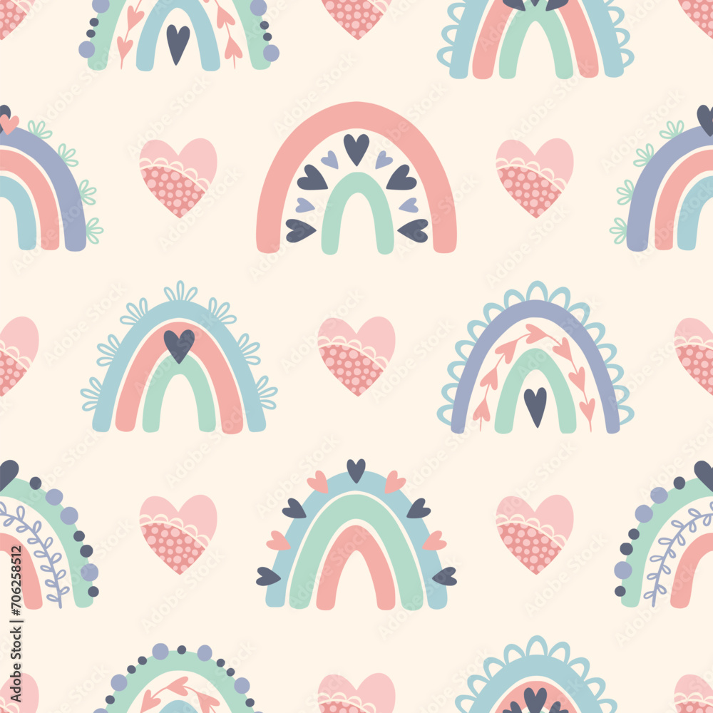 Pattern with boho rainbow in a naive children's style. Seamless pattern with rainbows in pastel colors. Illustration for textile, fabric design, wallpaper, wrapping paper and other printing. Pattern with boho rainbow in a naive children's style. Seamless pattern with rainbows in pastel colors. Illustration for textile, fabric design, wallpaper, wrapping paper and other printing.