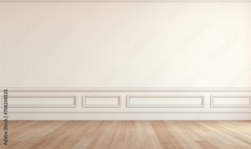 Pusta biała ściana z miejscem na kopię sztukaterii, drewniana dębowa podłoga. Jasne, klasyczne wnętrze - obrazy, fototapety, plakaty 