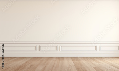 Pusta biała ściana z miejscem na kopię sztukaterii, drewniana dębowa podłoga. Jasne, klasyczne wnętrze