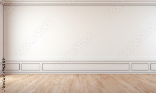 Pusta biała ściana z miejscem na kopię sztukaterii, drewniana dębowa podłoga. Jasne, klasyczne wnętrze