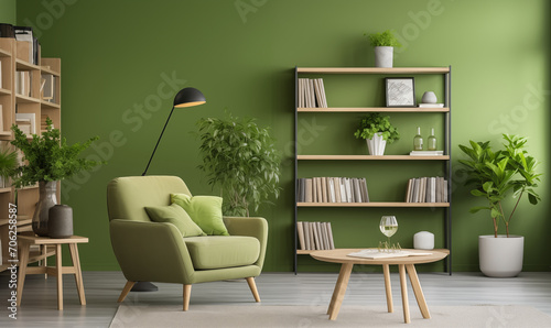 Jasne wnętrze, dużo światła, zielona sofa i krzesło na tle zielonej ściany z półką na książki. Skandynawski wystrój nowoczesnego salonu z zielenią photo