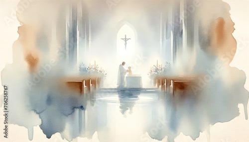 Watercolor painting of Baptism in a Church